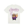 Estampa das costas da camiseta Asignature GOOD VIBES com personagem estilizada, cigarro aceso e fumaça formando o logo da marca.