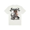 Costas da camiseta Asignature BEAST CONTROL em off white com estampa de mulher conduzindo uma criatura feroz e logo preto da marca.